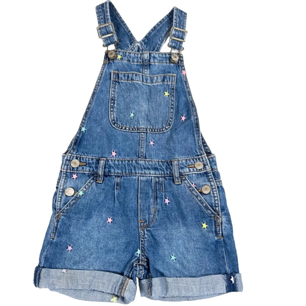 GAP Kids Girls Denim Shortalls SZ SM Blue Jean Overalls Roll  Hem Stars